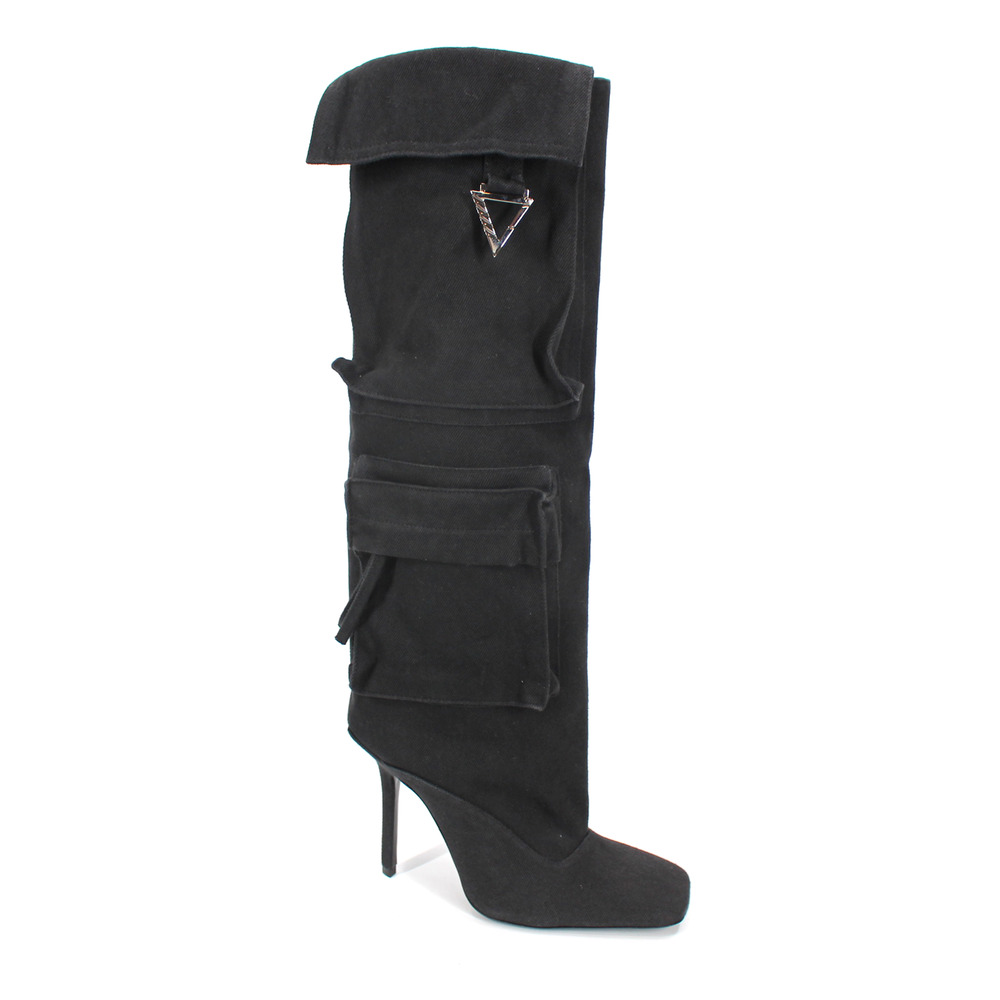 The Attico Sienna Cargo Boots NEW Knee High Black Denim Pockets Stiletto 37.5